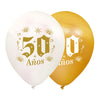 Globos Látex Biodegradables Satinado 50 Años Blanco y Dorado