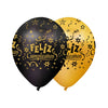 Globos Látex Biodegradables Satinado 360° Feliz Cumpleaños Dorado y Negro