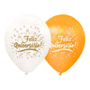 Globos Látex Biodegradables Satinados Feliz Aniversario Blanco y Dorado