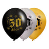 Globos Látex Biodegradables Satinado 50 Años Negro-Dorado y Plata